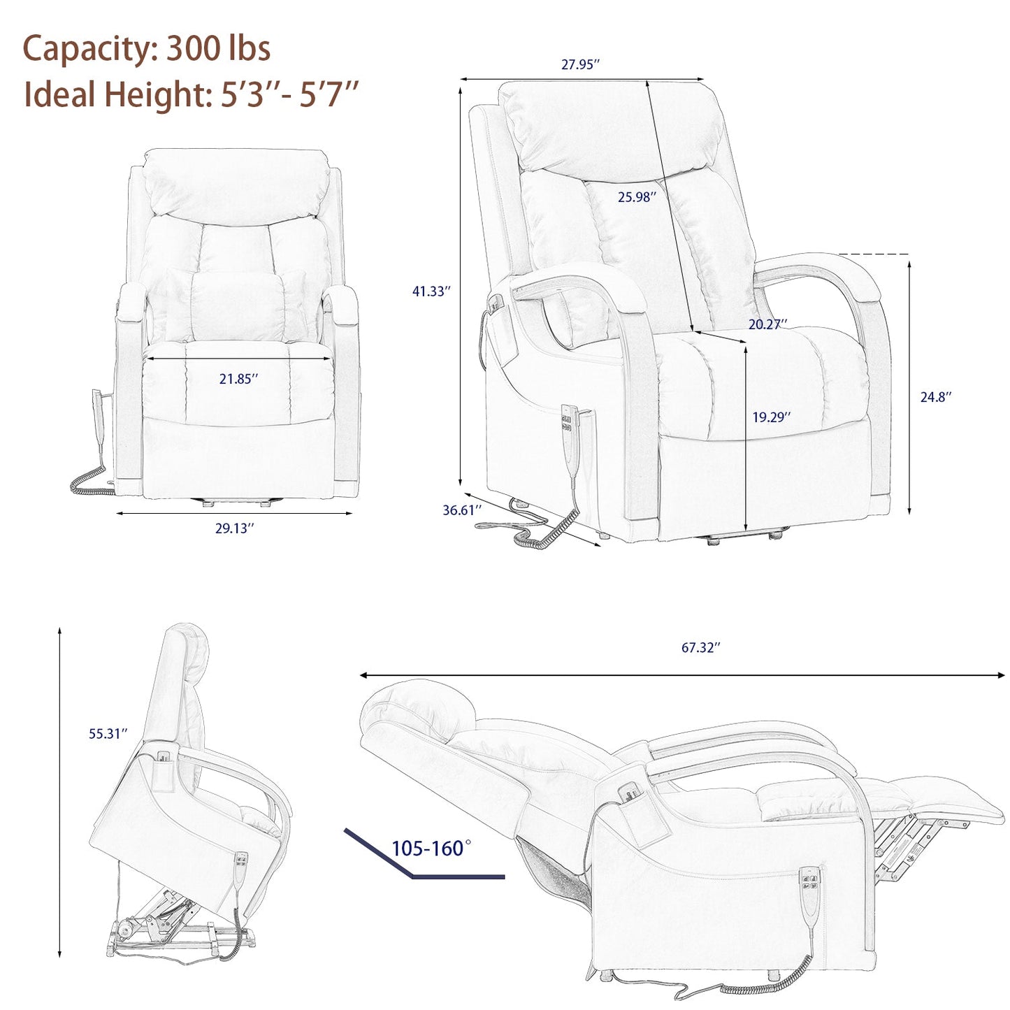 Dynox Small Size Lift Chair Recliner with Heat&Massage and Wooden Armrests