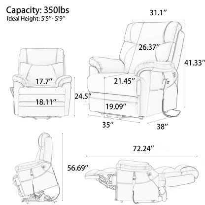 Dynox Genuine Leather Dual Motor Lay Flat Power Lift Recliner with Heating and Massage